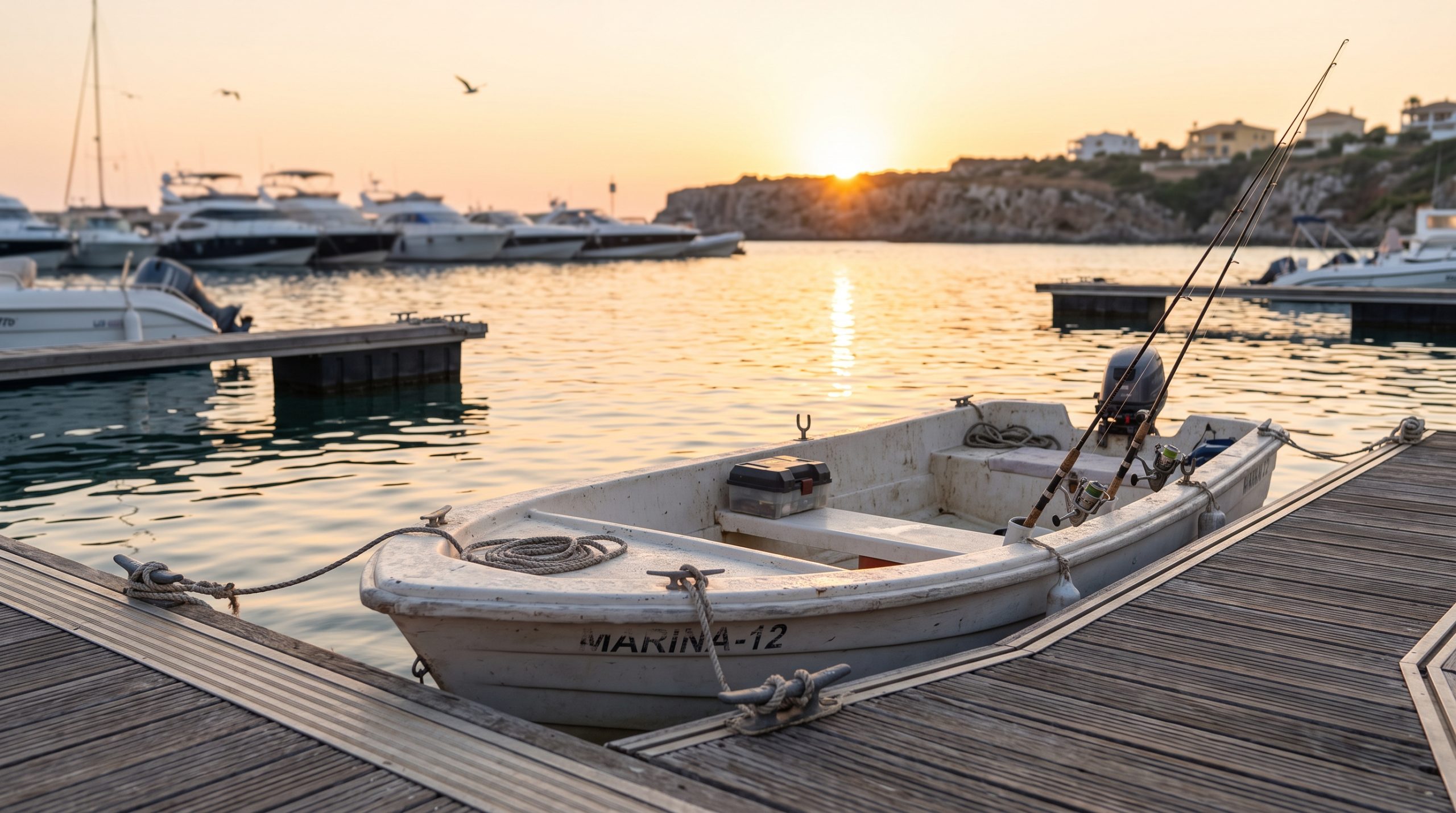 Barco de alquiler amarrado en el pantalán de un puerto deportivo español al amanecer, con cañas a bordo