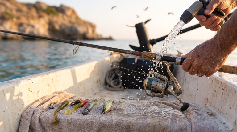 Carrete y caña de pesca aclarándose con agua dulce junto a señuelos secándose sobre una toalla