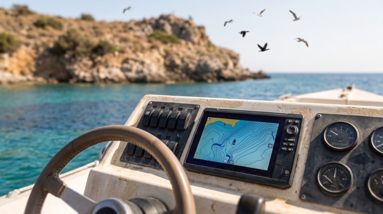 Pantalla de plotter con curvas de profundidad en la consola de un barco de pesca frente a una punta rocosa