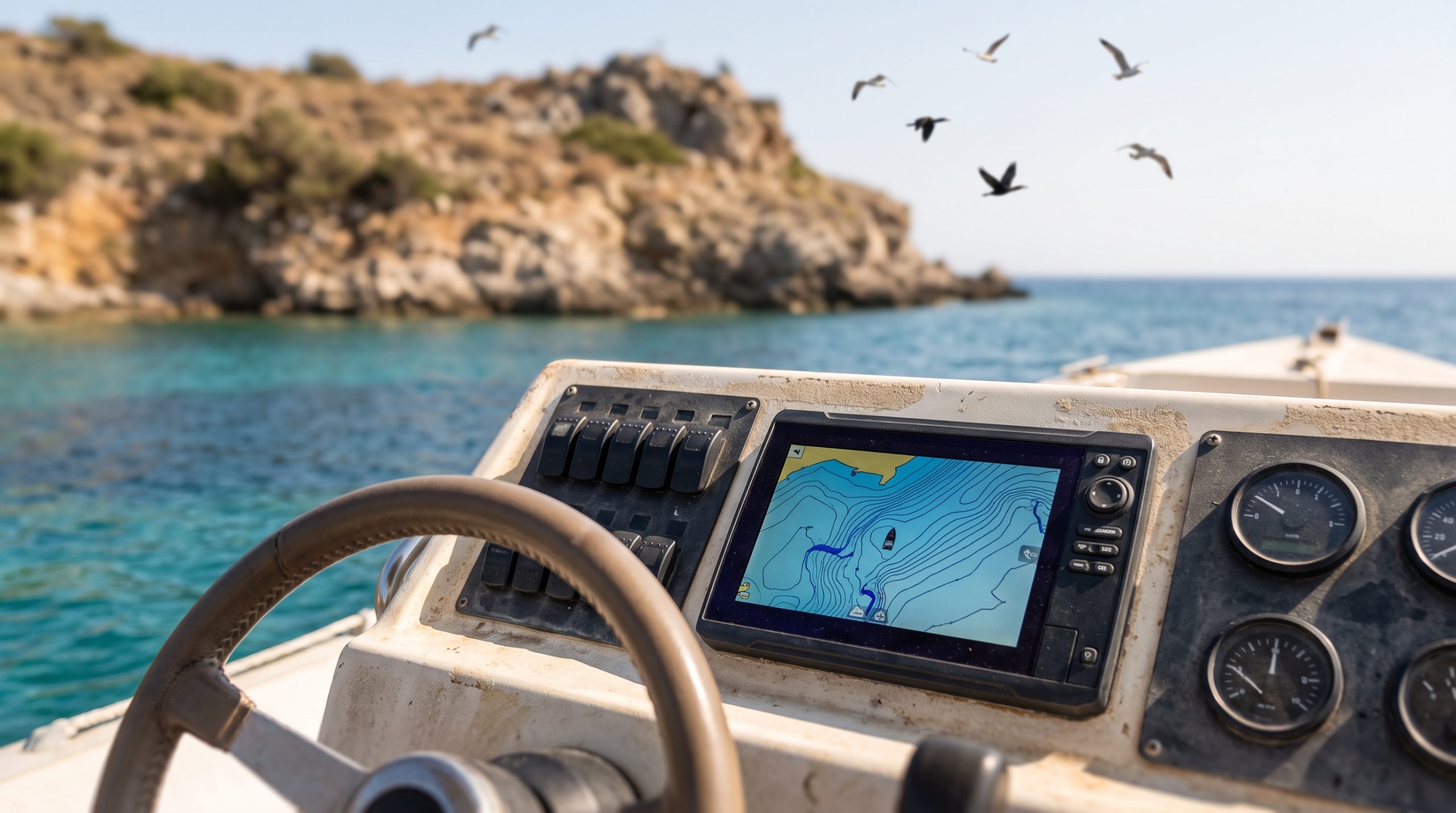 Pantalla de plotter con curvas de profundidad en la consola de un barco de pesca frente a una punta rocosa