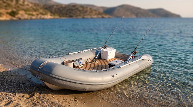 Barca hinchable de pesca con suelo rígido varada en una orilla mediterránea con cañas y equipo a bordo