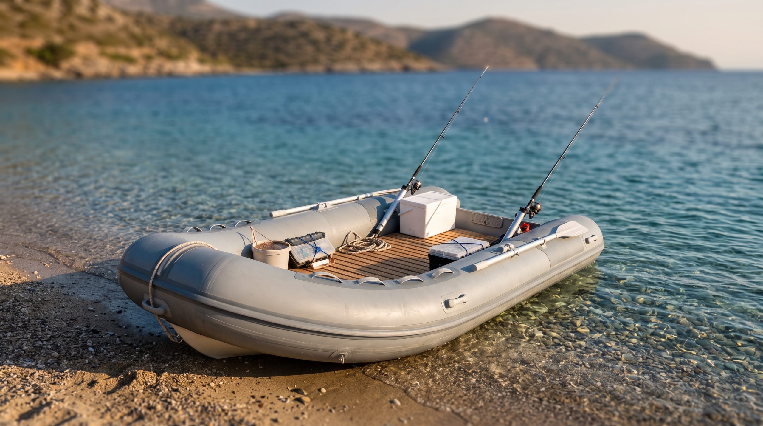 Barca hinchable de pesca con suelo rígido varada en una orilla mediterránea con cañas y equipo a bordo