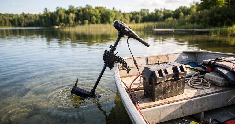 Motor eléctrico montado en el espejo de popa de una barca de pesca, con la hélice sumergida y la batería en cubierta