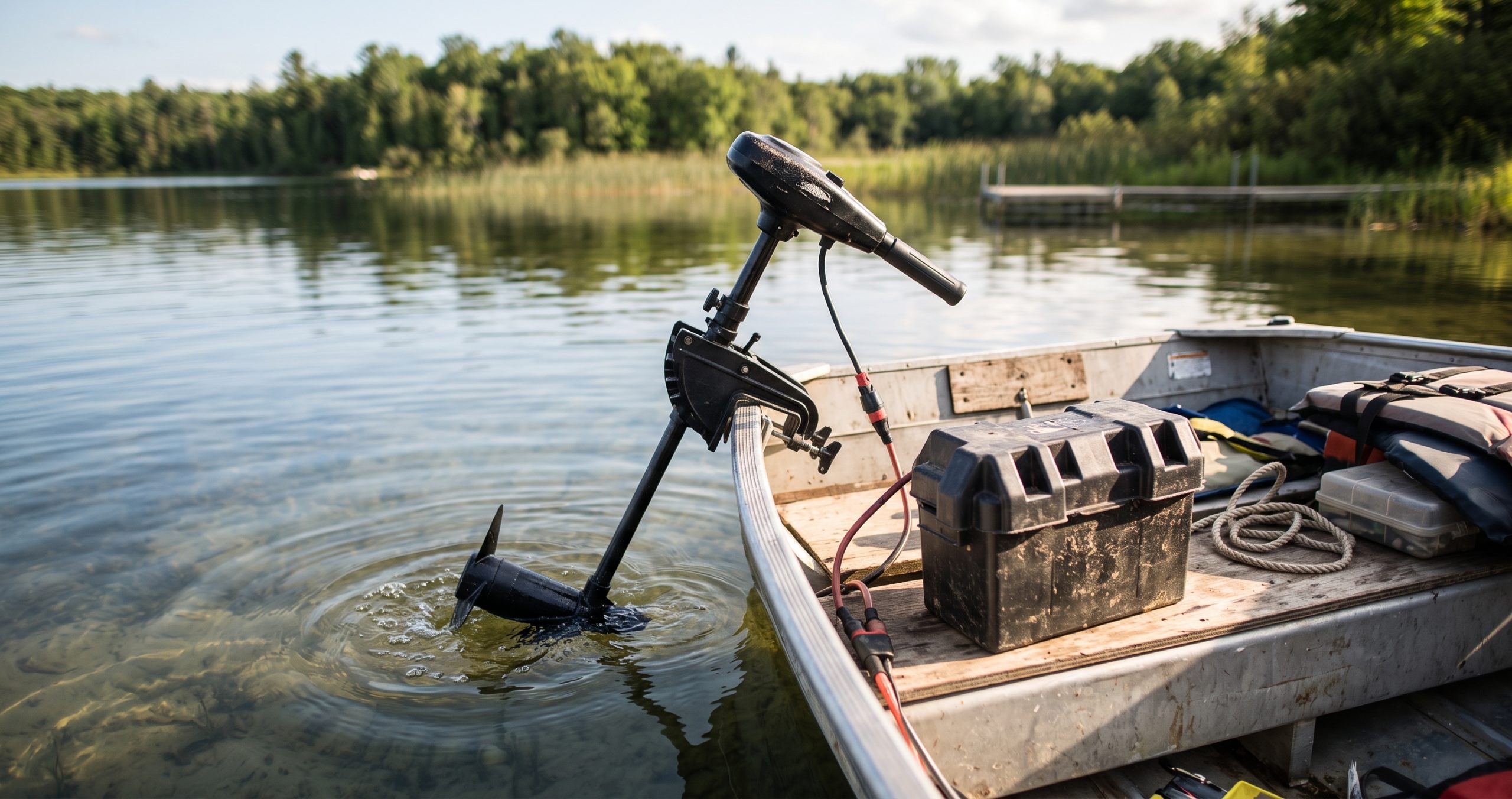Motor eléctrico montado en el espejo de popa de una barca de pesca, con la hélice sumergida y la batería en cubierta