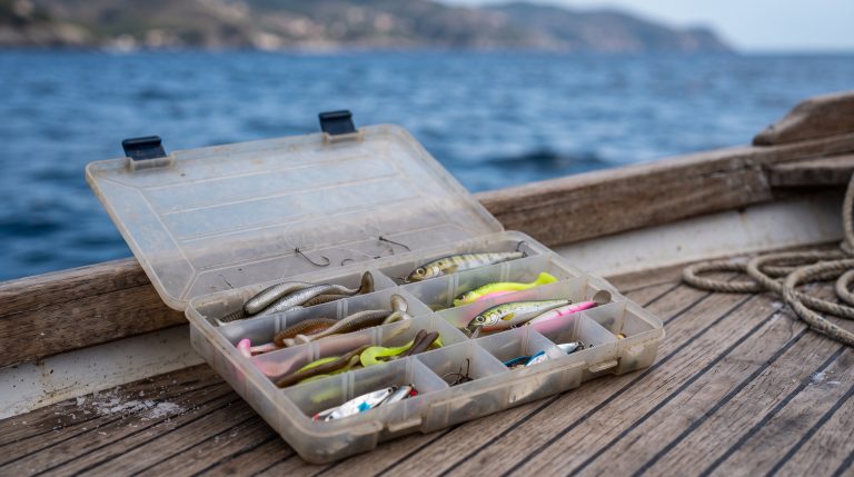 Caja de señuelos abierta en la cubierta de un barco con vinilos, minnows y jigs ordenados por compartimentos