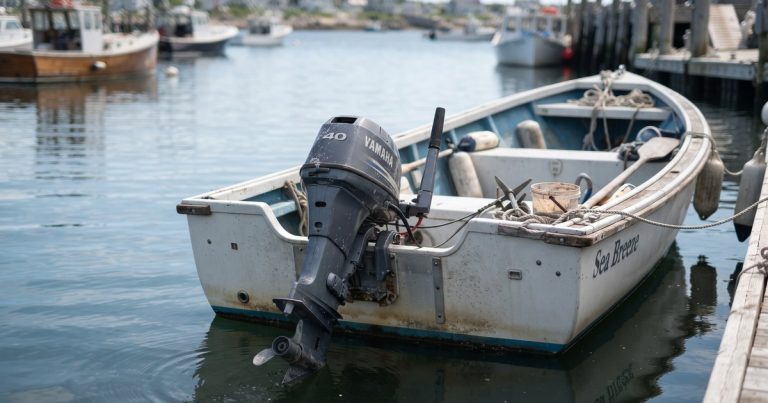 Motor fueraborda montado en el espejo de popa de una barca de pesca