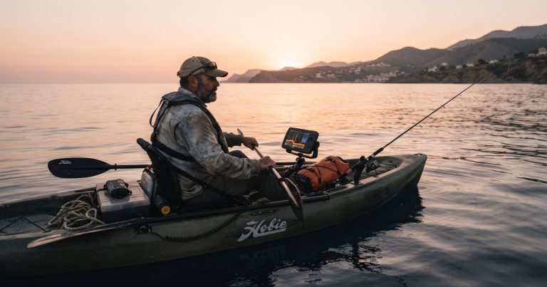Sonda de pesca montada en el pozo central de un kayak al amanecer